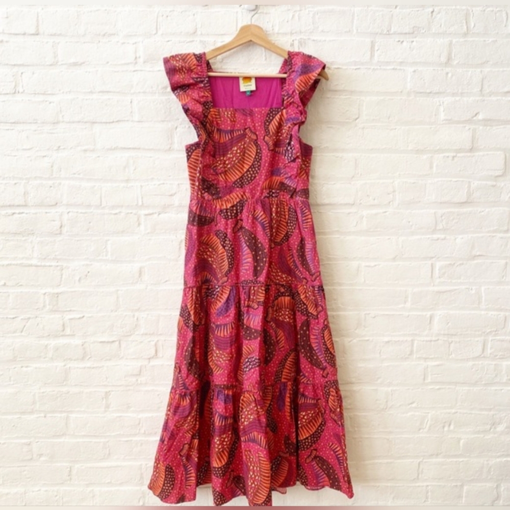 FARM Rio Wild Bananas Ruffled Midi Dress Sz Med